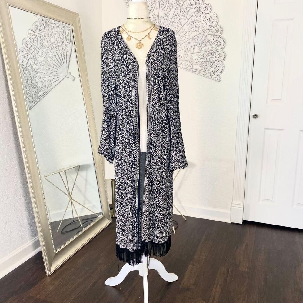 MNG Suit by Mango Whimsygoth Boho Fringe Long Duster Cardigan M
